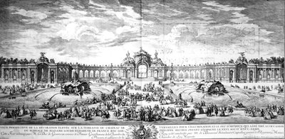 Vista en perspectiva de la terraza de Versalles con motivo del matrimonio de Luisa Isabel de Francia con Felipe de España en 1739, grabado por Charles Nicolas Cochin hijo, 1741 de Charles Nicolas II Cochin